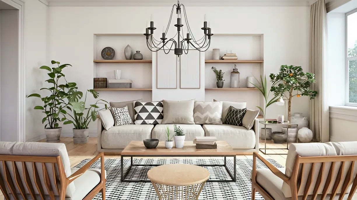 Living room with warm white walls and natural wood accents by a house painter in Baltimore, MD
