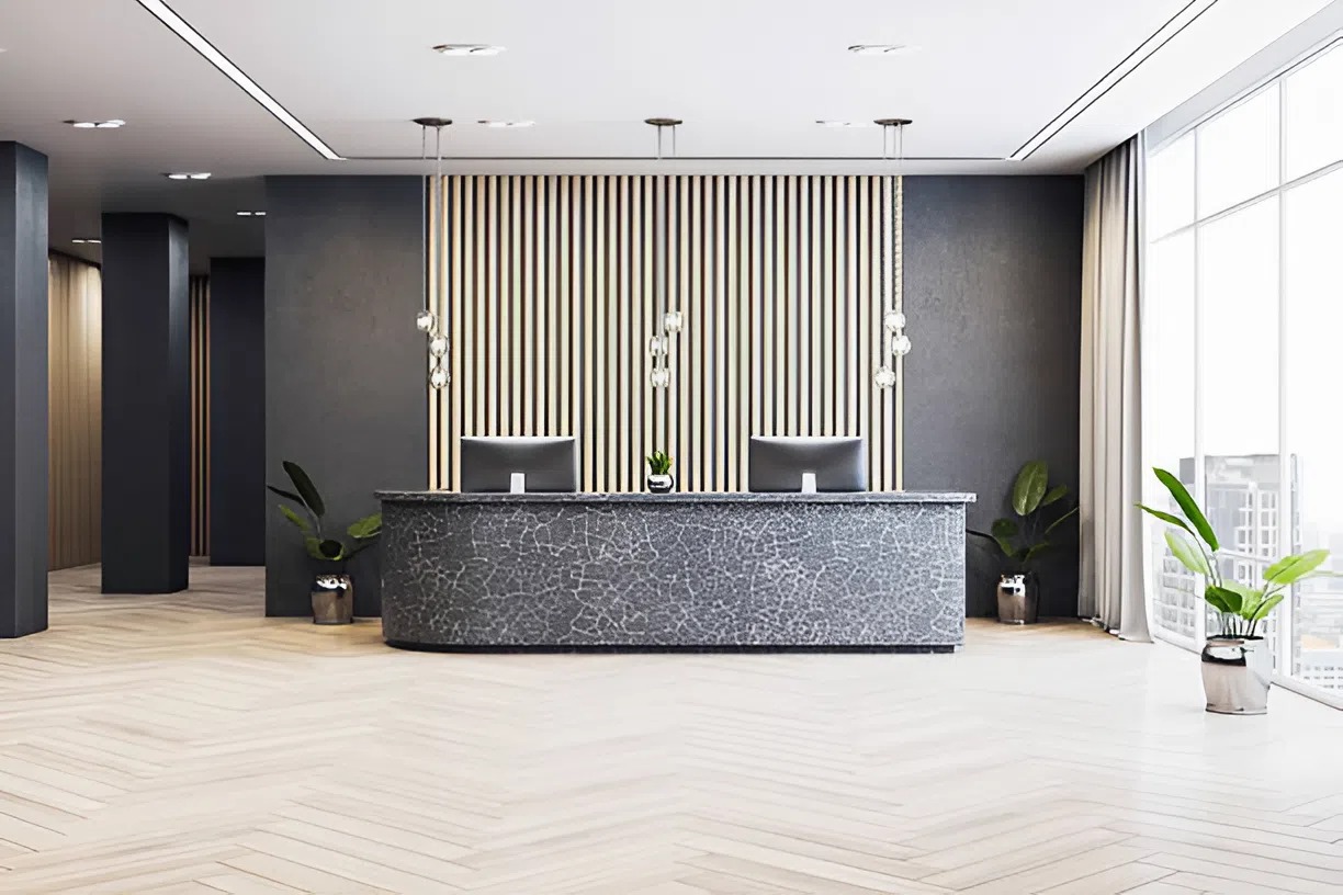 Reception area with freshly painted accent wall and clean interior finishes by a commercial painter in Owings Mills, MD