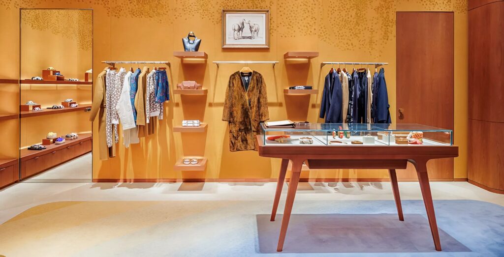 Retail interior with bold, warm golden wall paint with smooth satin finishes by an interior painter in Ellicott City, MD