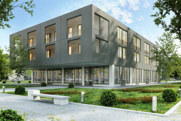 Office building with smooth charcoal-gray exterior panels and clean architectural finishes by a painting company in Baltimore County, MD.