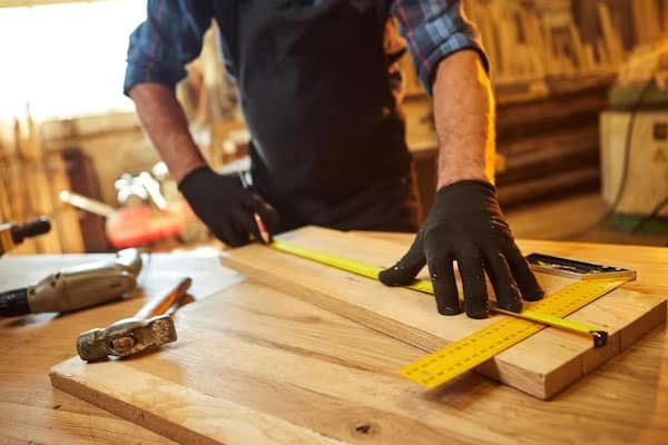 Light carpentry measuring and cutting wood trim before painting by a painting company in Harford County, MD.