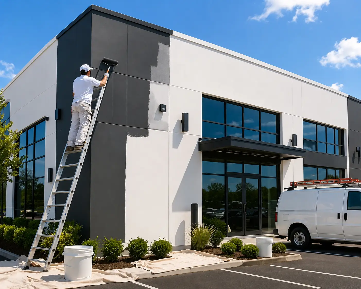 Building exterior being repainted with modern black and white finishes by a painting company in Owings Mills, MD