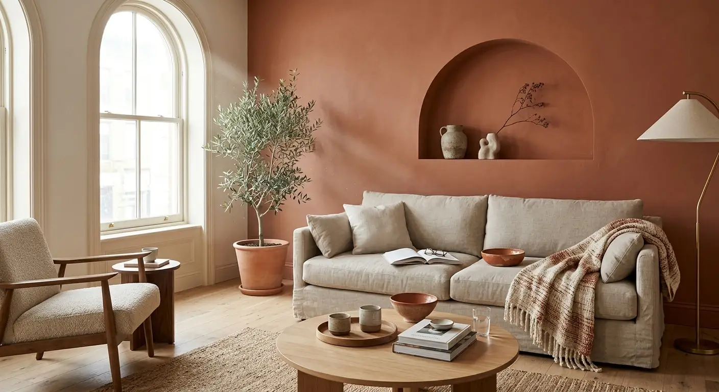 Warm terracotta accent wall with cream trim and satin finish by an interior painter in Columbia, MD.