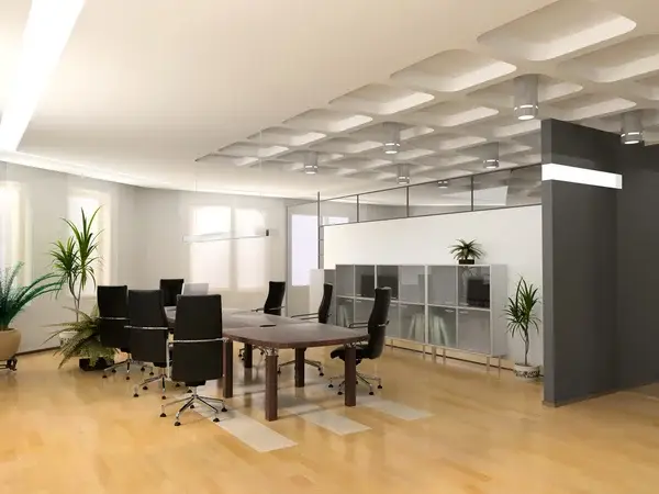 Office interior with neutral white and gray wall colors and dark gray accent walls by an interior painter in Randallstown, MD.