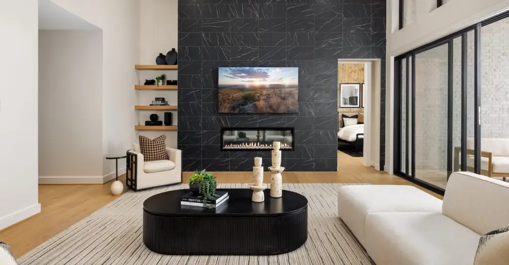 Charcoal black accent wall with white veining and matte finish by a interior painter in Columbia, MD.