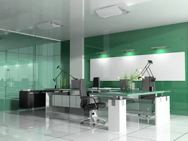 Office interior with emerald green and white painted walls and glossy finishes by an interior painter in Randallstown, MD.